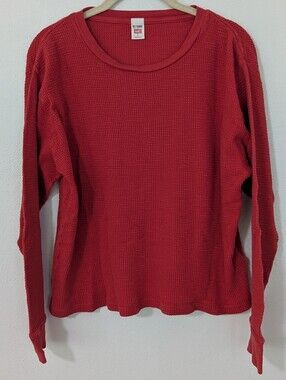 Redone Hanes Waffle Knit Thermal Long Sleeve Shirt Crewneck Red Small S